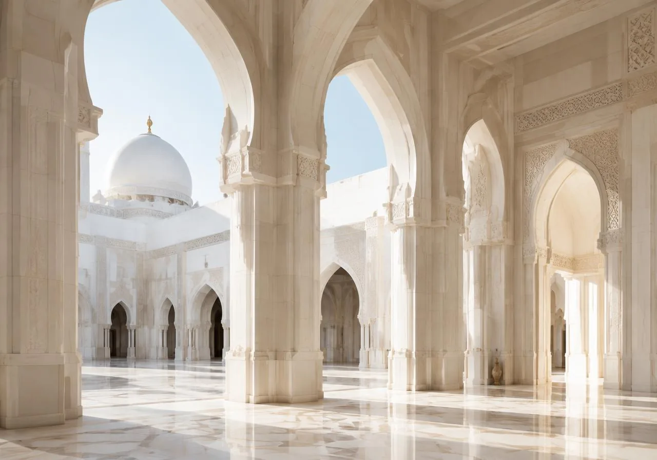 White mosque courtyard with elegant arches
