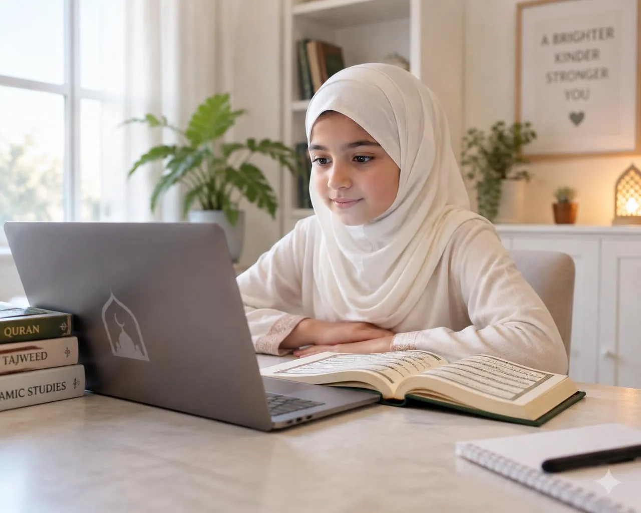 A young girl learning Quran online at home